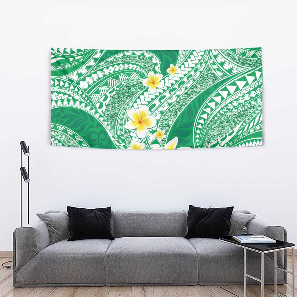Plumeria Polynesian Green Glitter Pattern Tapestry