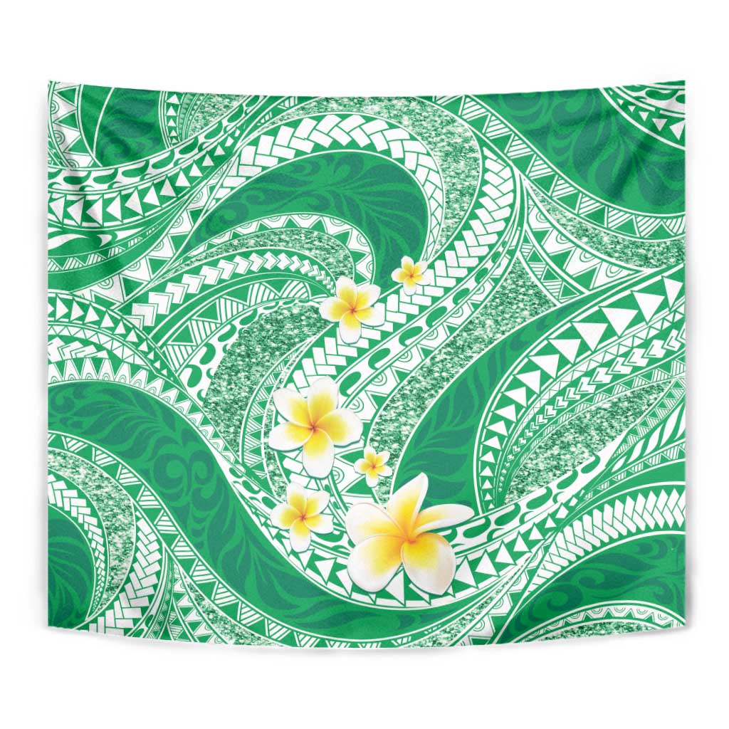 Plumeria Polynesian Green Glitter Pattern Tapestry