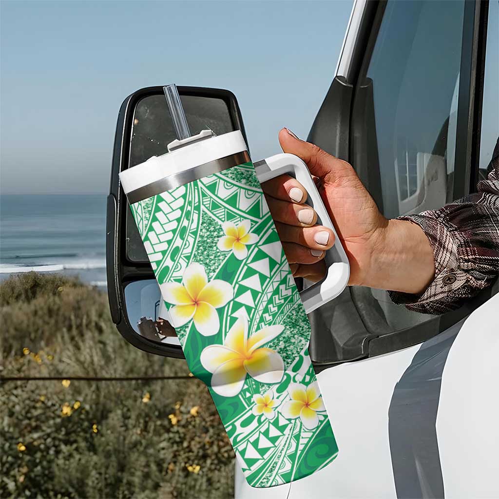 Plumeria Polynesian Green Glitter Pattern Tumbler With Handle LT01 - Polynesian Pride