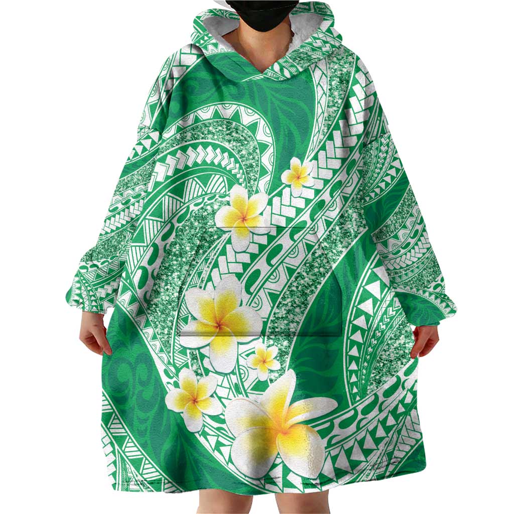 Plumeria Polynesian Green Glitter Pattern Wearable Blanket Hoodie LT01 - Polynesian Pride