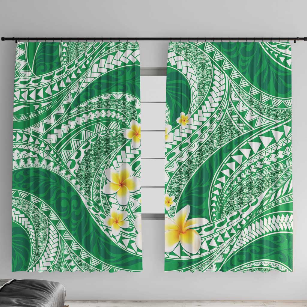 Plumeria Polynesian Green Glitter Pattern Window Curtain