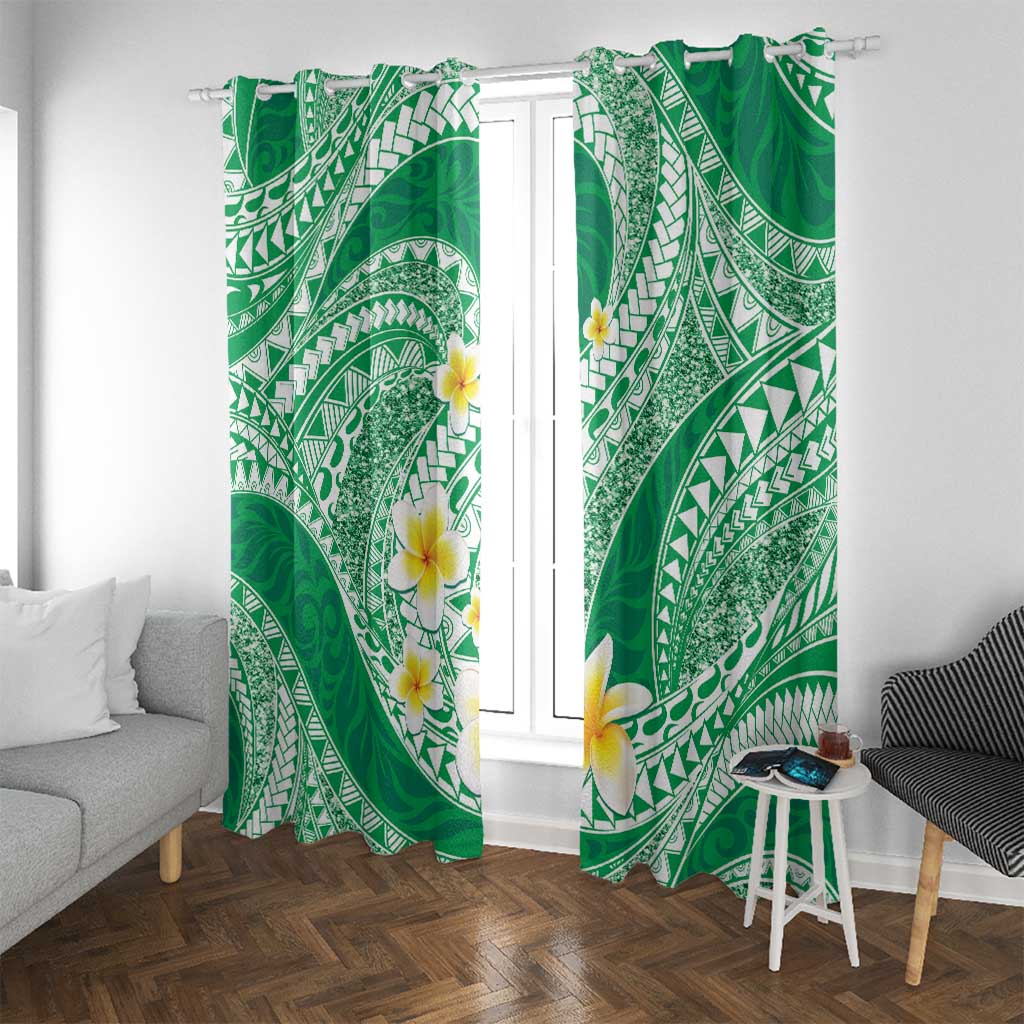 Plumeria Polynesian Green Glitter Pattern Window Curtain LT01 With Grommets Green - Polynesian Pride