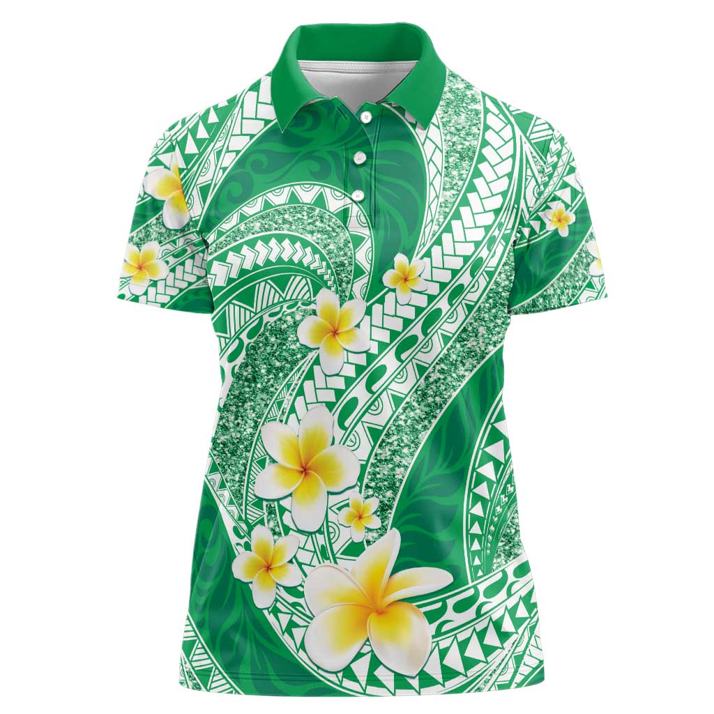 Plumeria Polynesian Green Glitter Pattern Women Polo Shirt