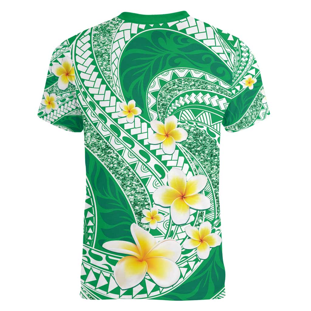 Plumeria Polynesian Green Glitter Pattern Women V-Neck T-Shirt LT01 - Polynesian Pride