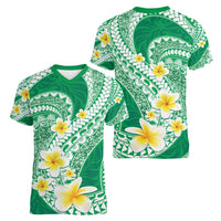 Plumeria Polynesian Green Glitter Pattern Women V-Neck T-Shirt LT01 - Polynesian Pride