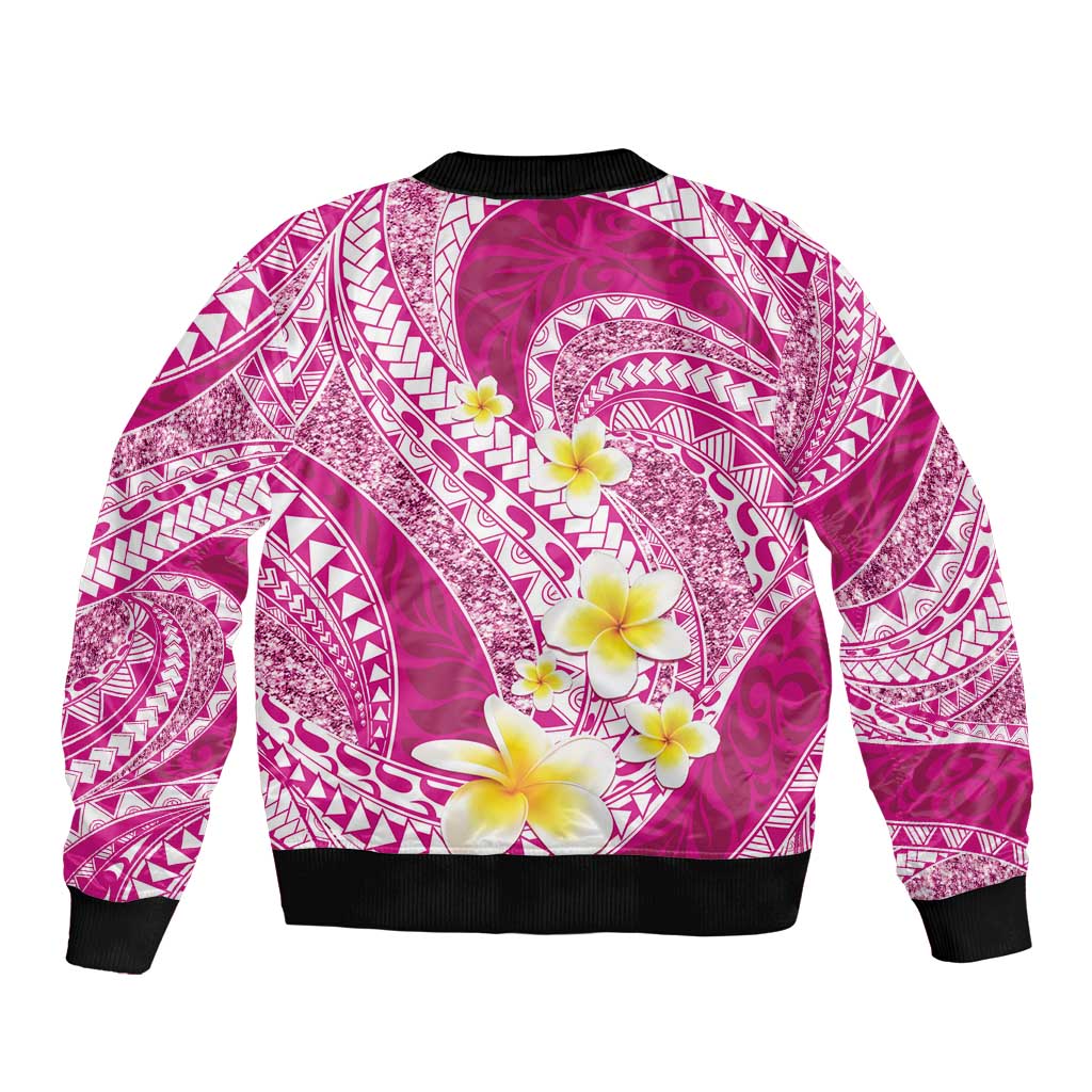 Plumeria Polynesian Pink Glitter Pattern Bomber Jacket