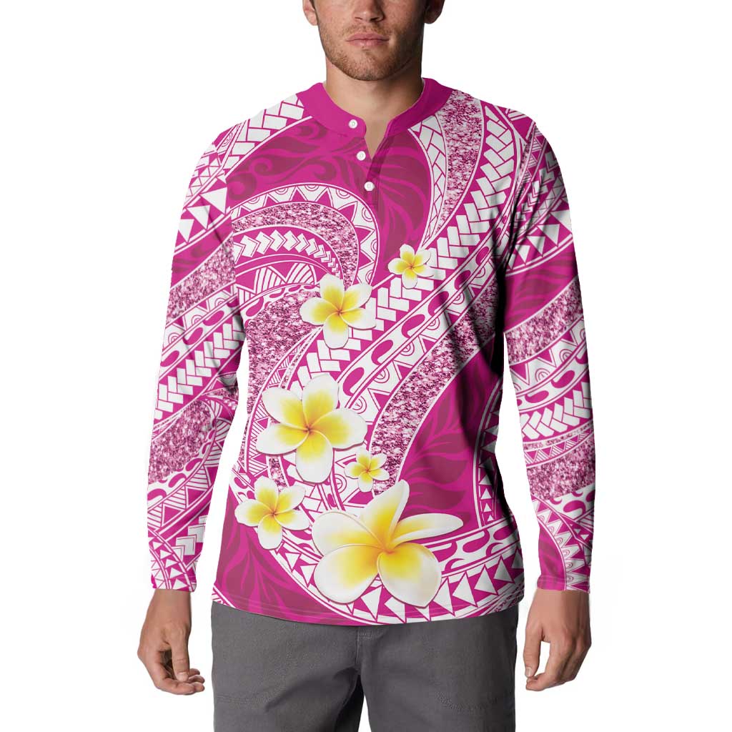 Plumeria Polynesian Pink Glitter Pattern Button Sweatshirt LT01 - Polynesian Pride
