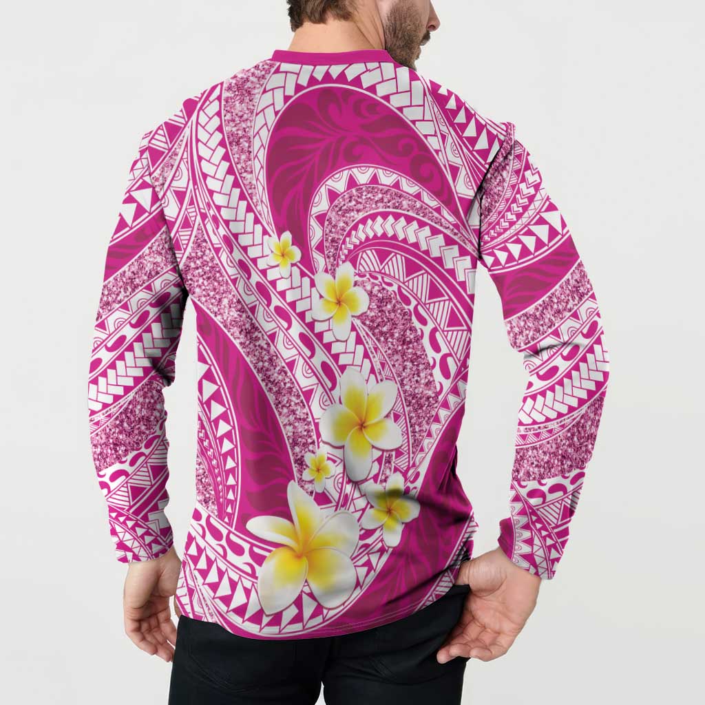 Plumeria Polynesian Pink Glitter Pattern Button Sweatshirt LT01 - Polynesian Pride
