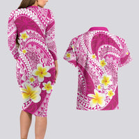 Plumeria Polynesian Pink Glitter Pattern Couples Matching Long Sleeve Bodycon Dress and Hawaiian Shirt LT01 - Polynesian Pride