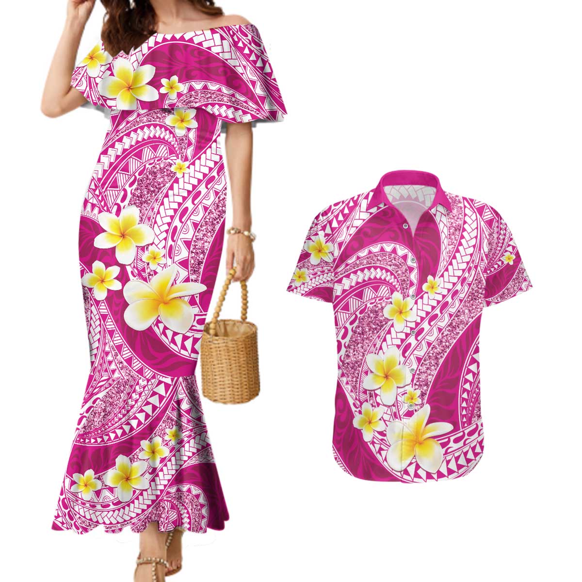 Plumeria Polynesian Pink Glitter Pattern Couples Matching Mermaid Dress and Hawaiian Shirt LT01 Pink - Polynesian Pride