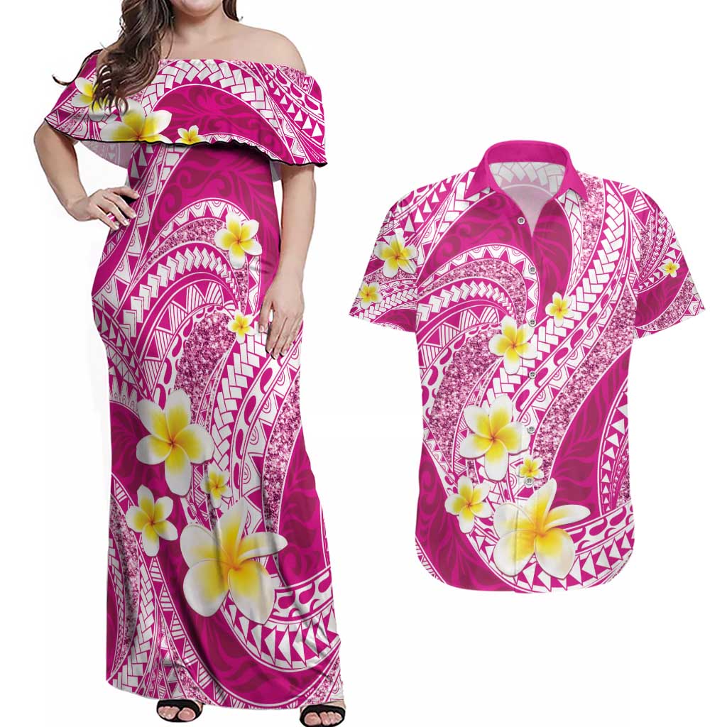 Plumeria Polynesian Pink Glitter Pattern Couples Matching Off Shoulder Maxi Dress and Hawaiian Shirt LT01 Pink - Polynesian Pride