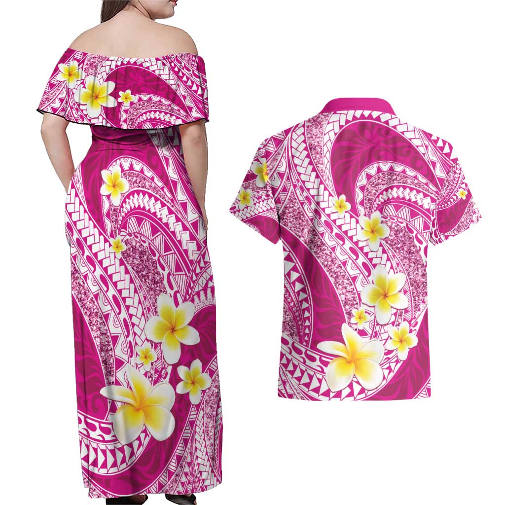 Plumeria Polynesian Pink Glitter Pattern Couples Matching Off Shoulder Maxi Dress and Hawaiian Shirt LT01 - Polynesian Pride