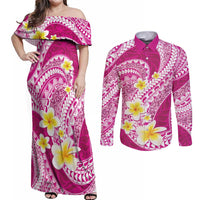 Plumeria Polynesian Pink Glitter Pattern Couples Matching Off Shoulder Maxi Dress and Long Sleeve Button Shirt LT01 Pink - Polynesian Pride