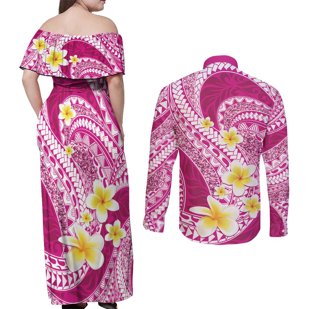 Plumeria Polynesian Pink Glitter Pattern Couples Matching Off Shoulder Maxi Dress and Long Sleeve Button Shirt LT01 - Polynesian Pride