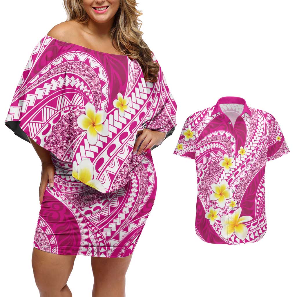 Plumeria Polynesian Pink Glitter Pattern Couples Matching Off Shoulder Short Dress and Hawaiian Shirt LT01 Pink - Polynesian Pride