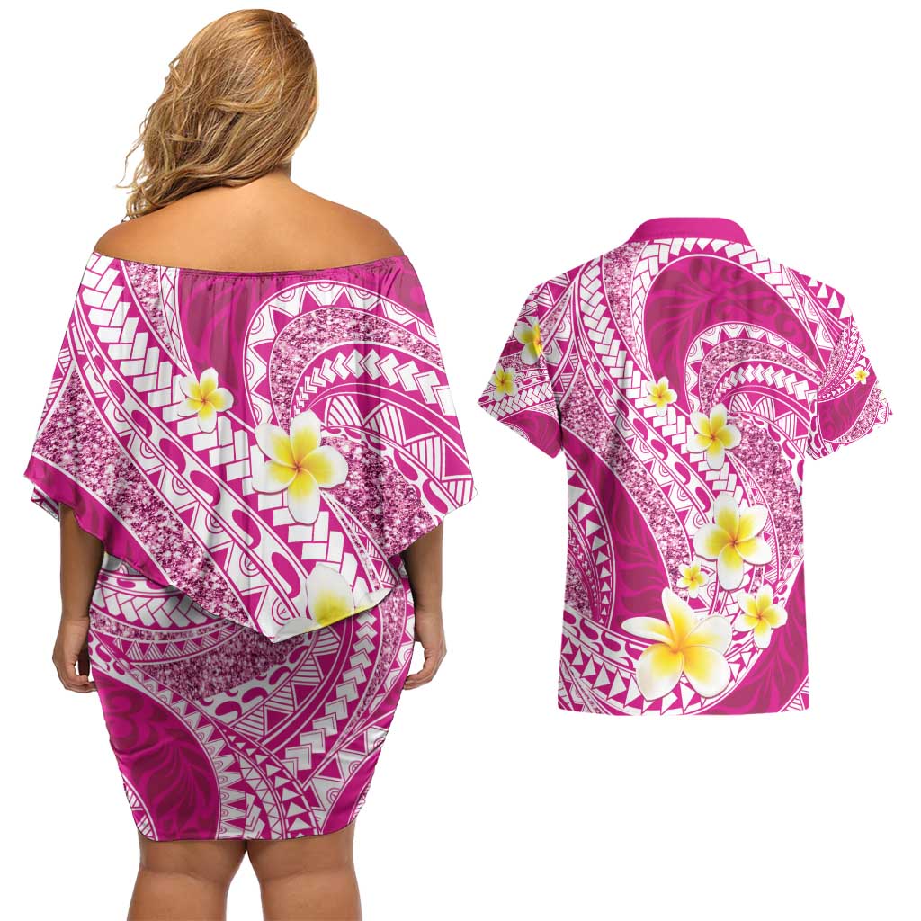 Plumeria Polynesian Pink Glitter Pattern Couples Matching Off Shoulder Short Dress and Hawaiian Shirt LT01 - Polynesian Pride