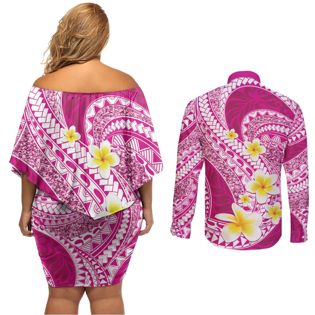 Plumeria Polynesian Pink Glitter Pattern Couples Matching Off Shoulder Short Dress and Long Sleeve Button Shirt LT01 - Polynesian Pride