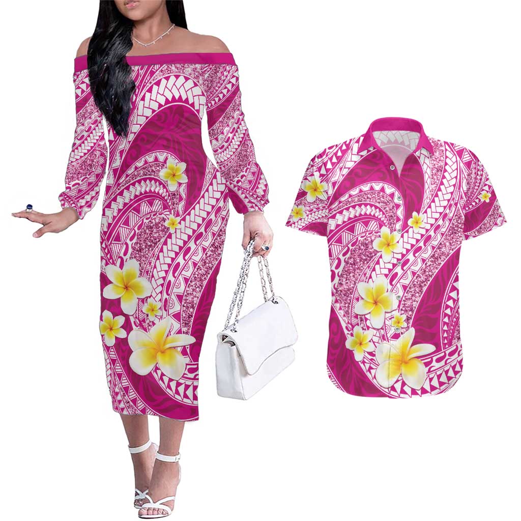Plumeria Polynesian Pink Glitter Pattern Couples Matching Off The Shoulder Long Sleeve Dress and Hawaiian Shirt LT01 Pink - Polynesian Pride