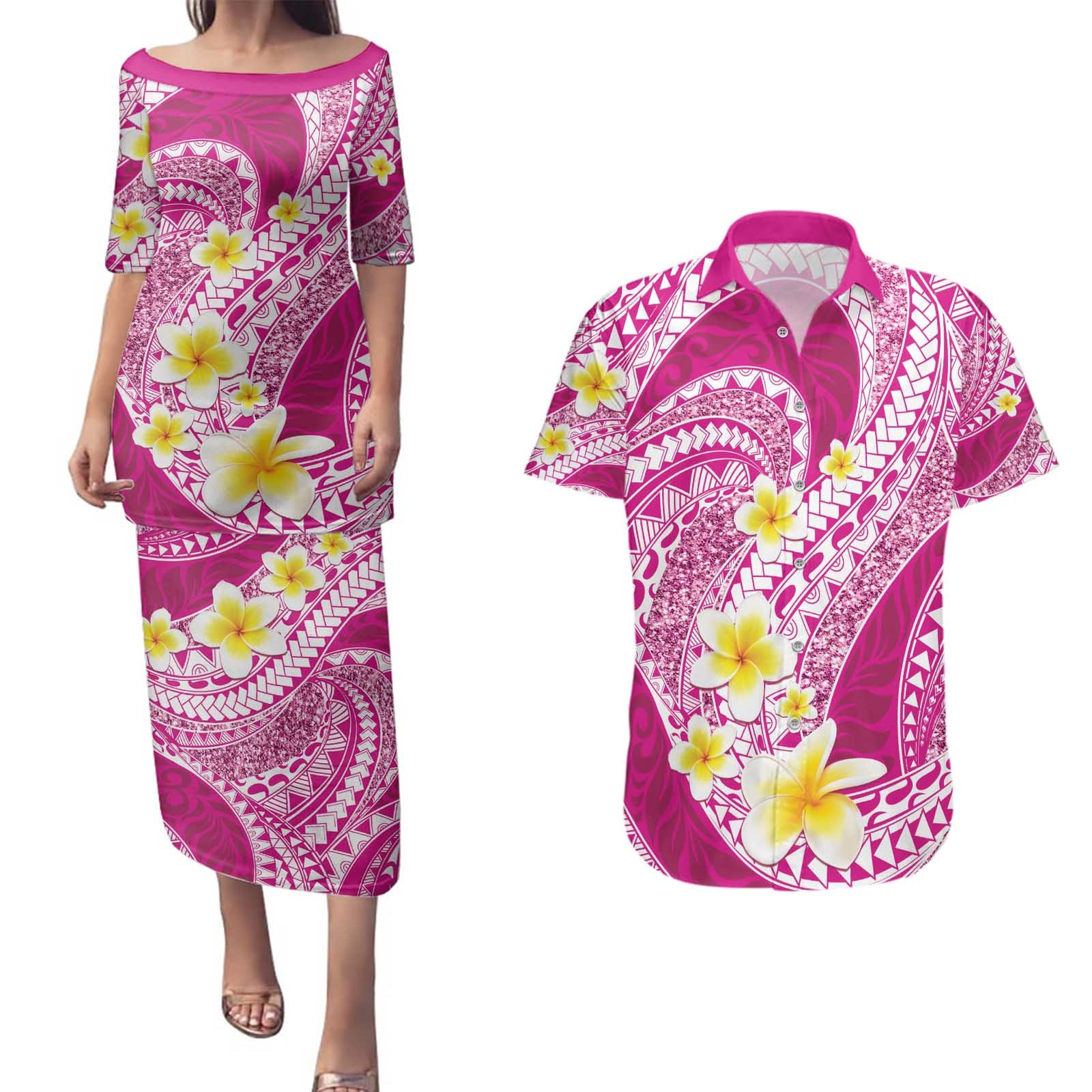 Plumeria Polynesian Pink Glitter Pattern Couples Matching Puletasi and Hawaiian Shirt LT01 Pink - Polynesian Pride