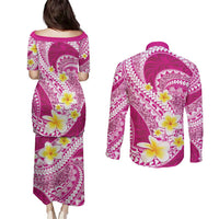 Plumeria Polynesian Pink Glitter Pattern Couples Matching Puletasi and Long Sleeve Button Shirt LT01 - Polynesian Pride
