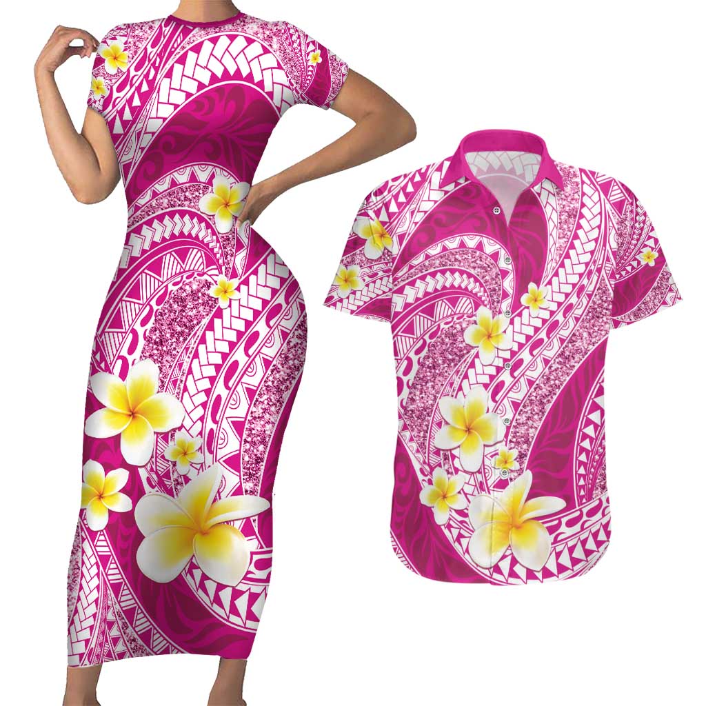 Plumeria Polynesian Pink Glitter Pattern Couples Matching Short Sleeve Bodycon Dress and Hawaiian Shirt LT01 Pink - Polynesian Pride