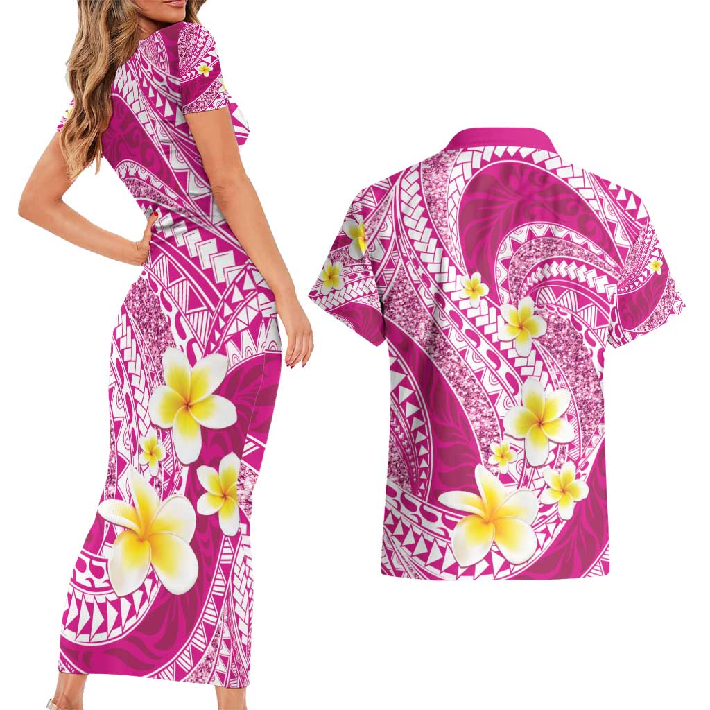 Plumeria Polynesian Pink Glitter Pattern Couples Matching Short Sleeve Bodycon Dress and Hawaiian Shirt LT01 - Polynesian Pride