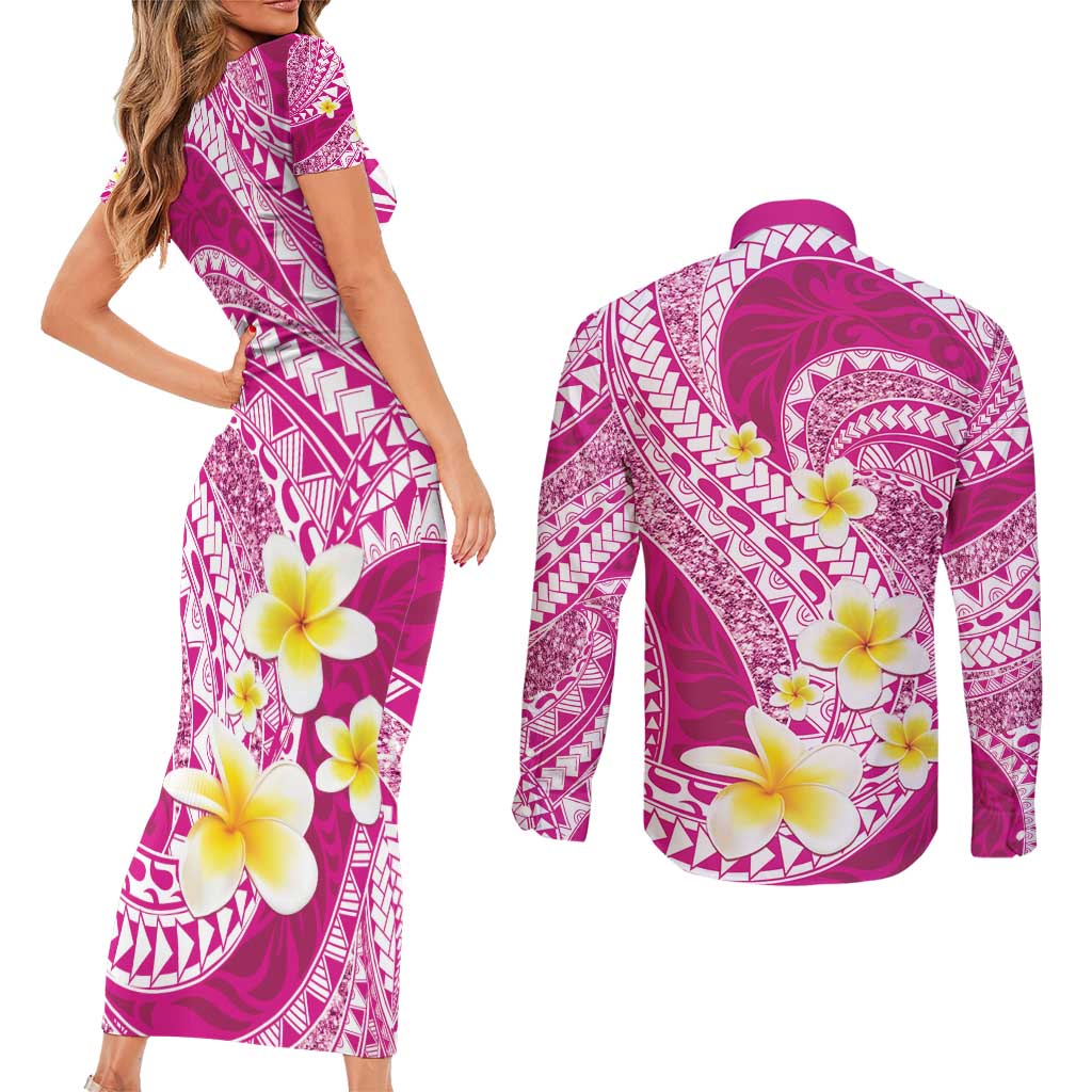 Plumeria Polynesian Pink Glitter Pattern Couples Matching Short Sleeve Bodycon Dress and Long Sleeve Button Shirt LT01 - Polynesian Pride