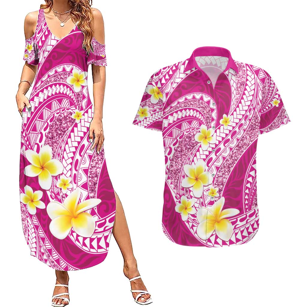 Plumeria Polynesian Pink Glitter Pattern Couples Matching Summer Maxi Dress and Hawaiian Shirt LT01 Pink - Polynesian Pride