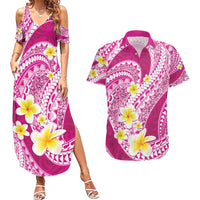 Plumeria Polynesian Pink Glitter Pattern Couples Matching Summer Maxi Dress and Hawaiian Shirt LT01 Pink - Polynesian Pride