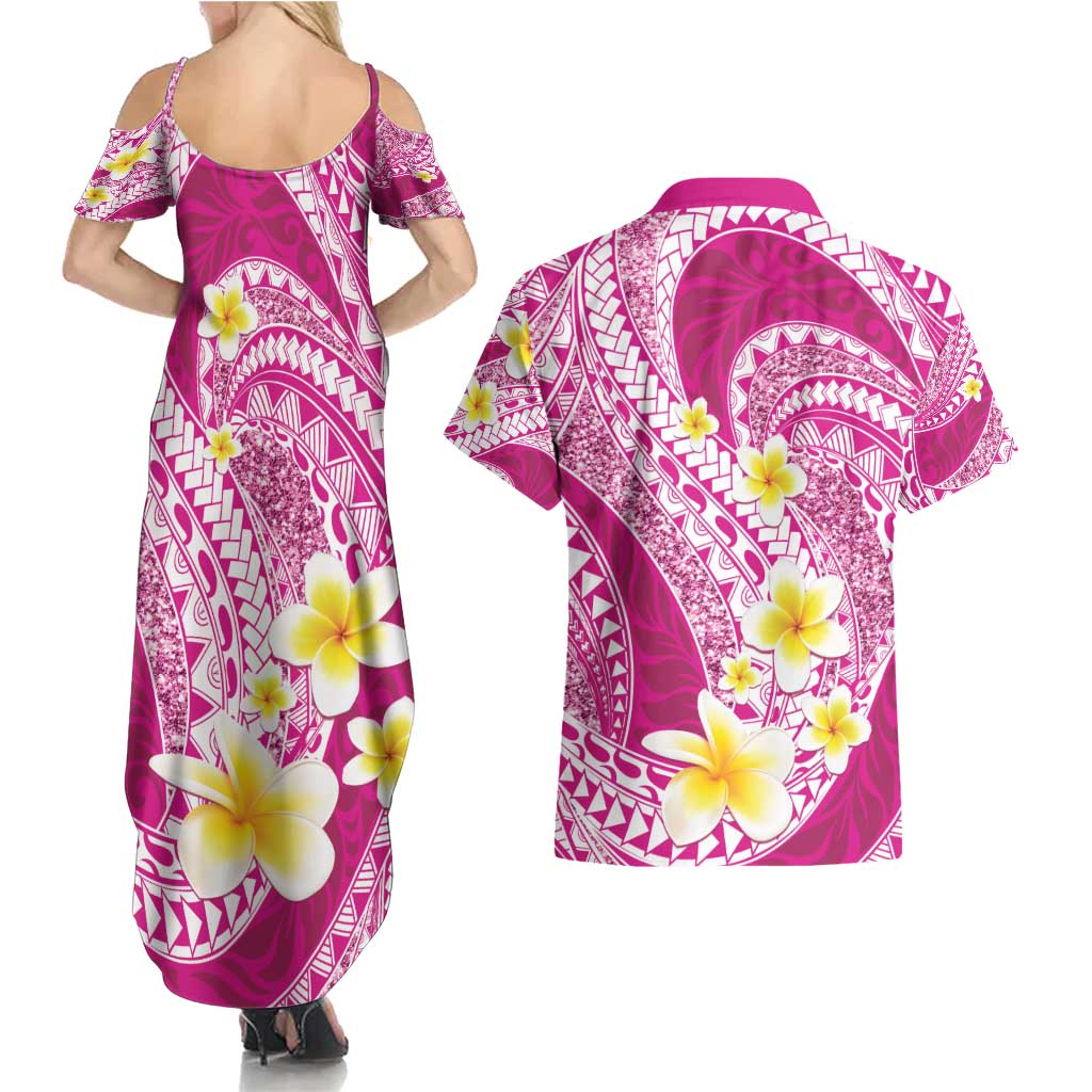 Plumeria Polynesian Pink Glitter Pattern Couples Matching Summer Maxi Dress and Hawaiian Shirt LT01 - Polynesian Pride