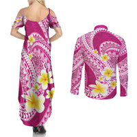 Plumeria Polynesian Pink Glitter Pattern Couples Matching Summer Maxi Dress and Long Sleeve Button Shirt LT01 - Polynesian Pride