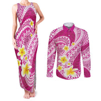 Plumeria Polynesian Pink Glitter Pattern Couples Matching Tank Maxi Dress and Long Sleeve Button Shirt