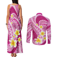 Plumeria Polynesian Pink Glitter Pattern Couples Matching Tank Maxi Dress and Long Sleeve Button Shirt