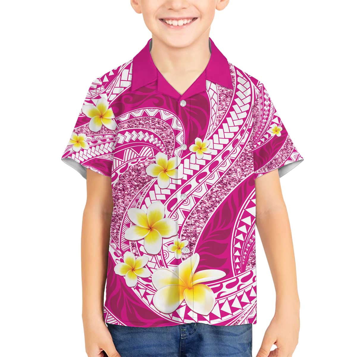 Plumeria Polynesian Pink Glitter Pattern Family Matching Off The Shoulder Long Sleeve Dress and Hawaiian Shirt