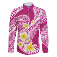 Plumeria Polynesian Pink Glitter Pattern Family Matching Off Shoulder Maxi Dress and Hawaiian Shirt