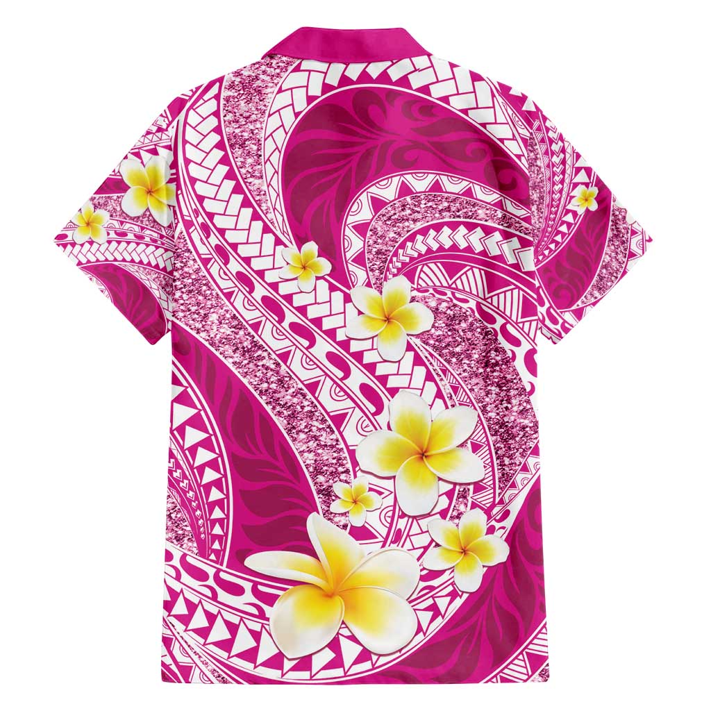 Plumeria Polynesian Pink Glitter Pattern Family Matching Off Shoulder Short Dress and Hawaiian Shirt LT01 - Polynesian Pride