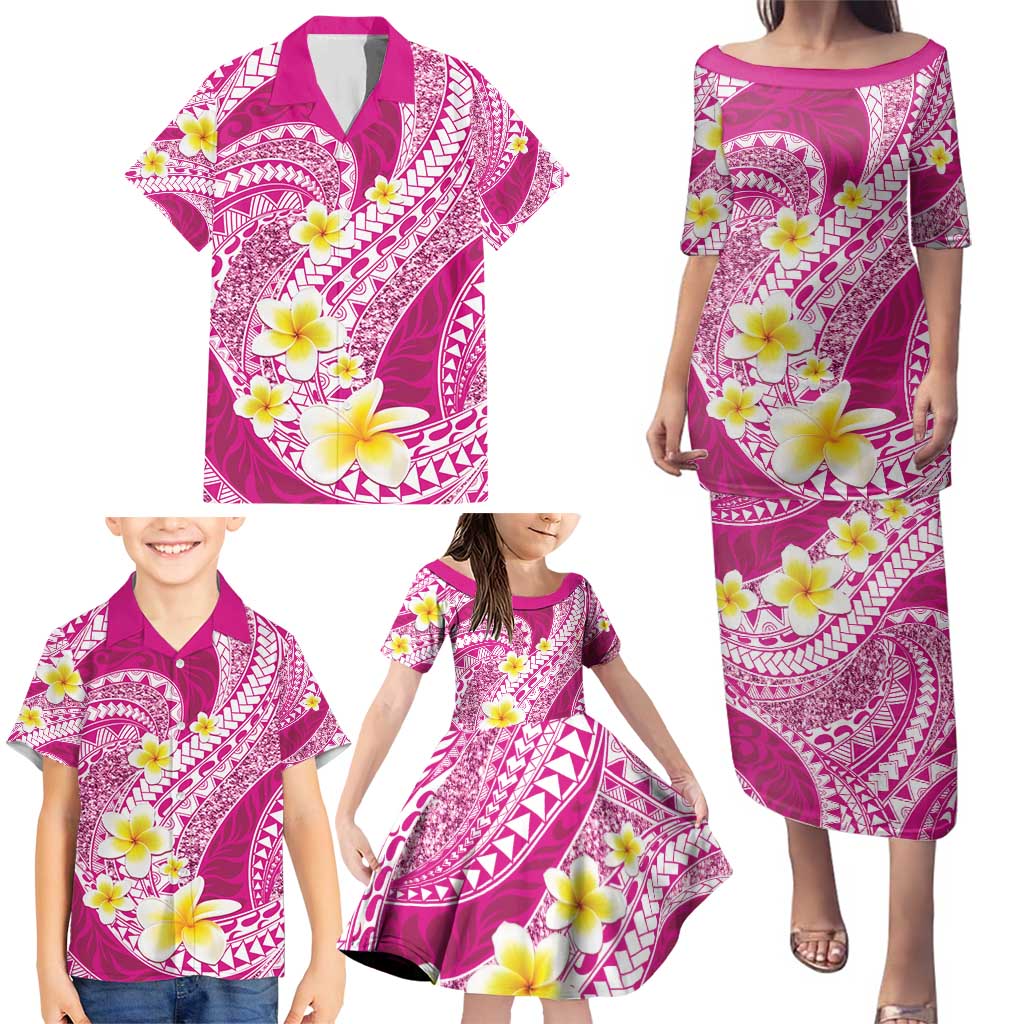 Plumeria Polynesian Pink Glitter Pattern Family Matching Puletasi and Hawaiian Shirt LT01 - Polynesian Pride