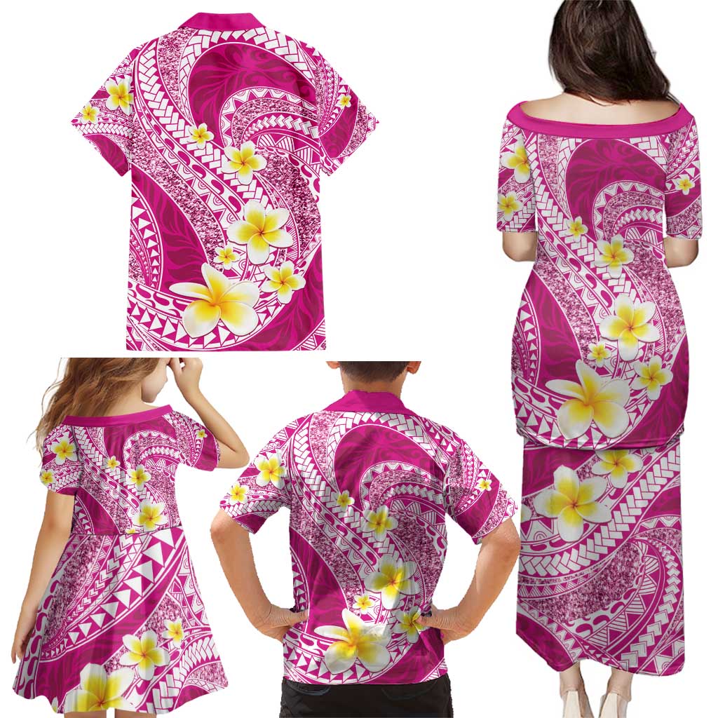 Plumeria Polynesian Pink Glitter Pattern Family Matching Puletasi and Hawaiian Shirt LT01 - Polynesian Pride