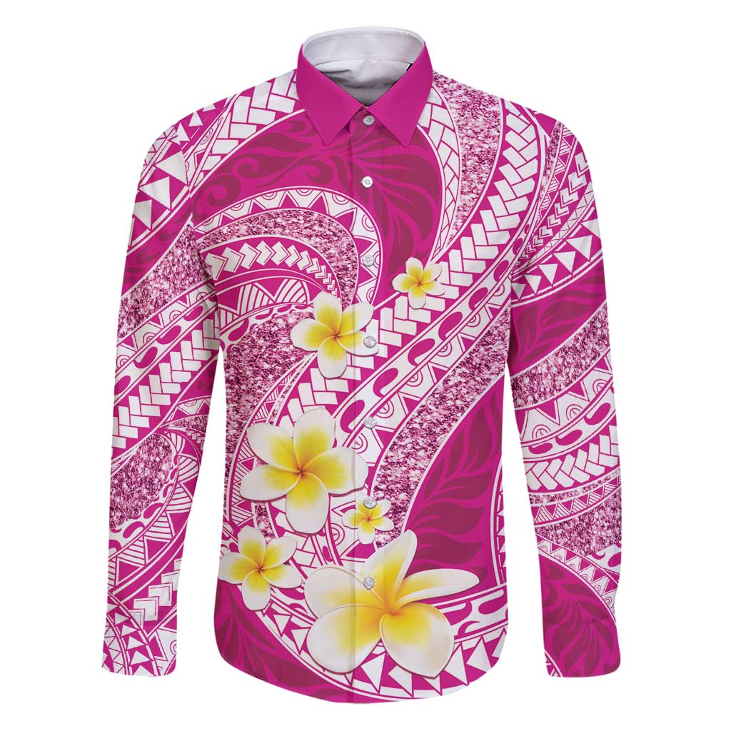 Plumeria Polynesian Pink Glitter Pattern Family Matching Puletasi and Hawaiian Shirt LT01 Dad's Shirt - Long Sleeve Pink - Polynesian Pride