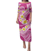 Plumeria Polynesian Pink Glitter Pattern Family Matching Puletasi and Hawaiian Shirt LT01 Mom's Dress Pink - Polynesian Pride