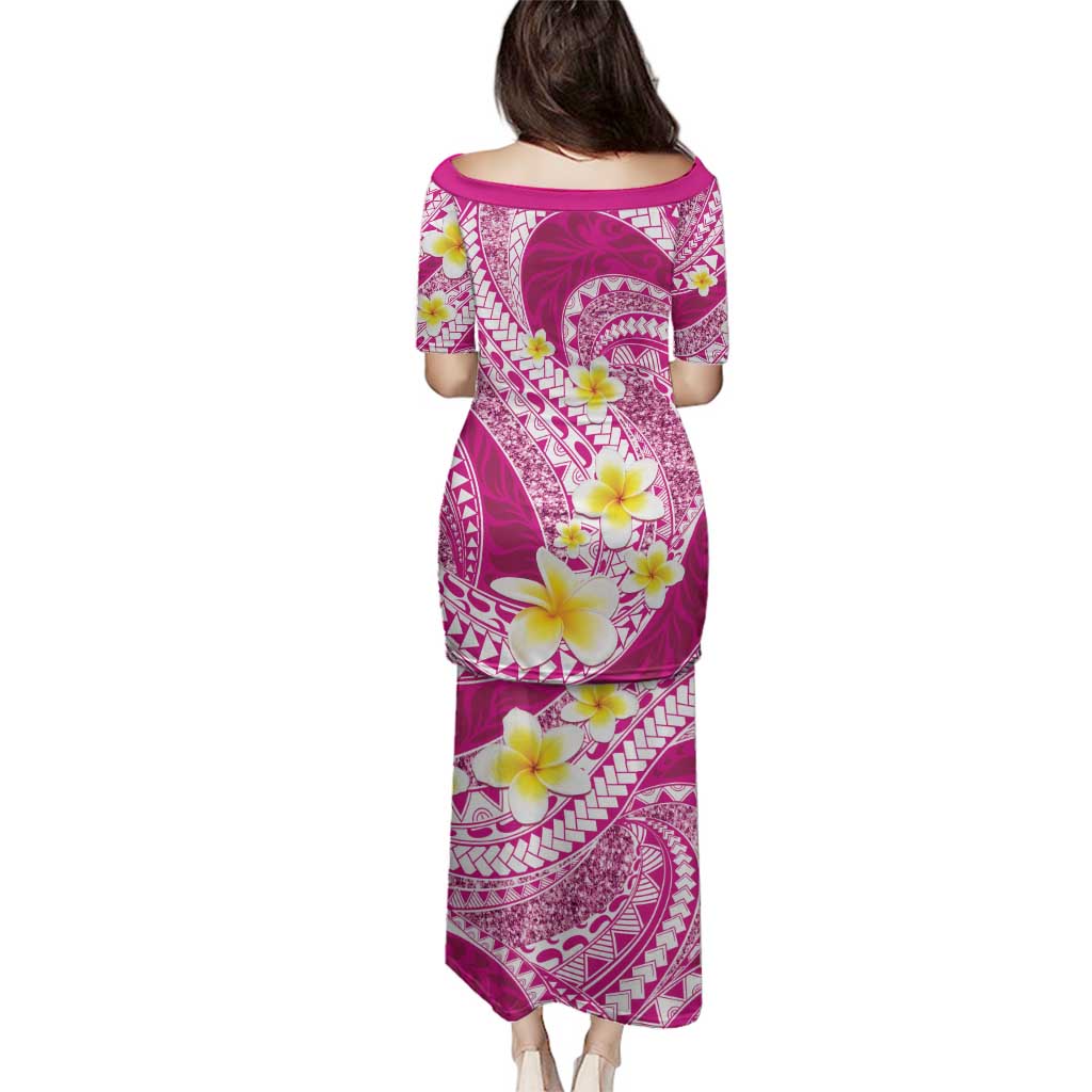 Plumeria Polynesian Pink Glitter Pattern Family Matching Puletasi and Hawaiian Shirt LT01 - Polynesian Pride