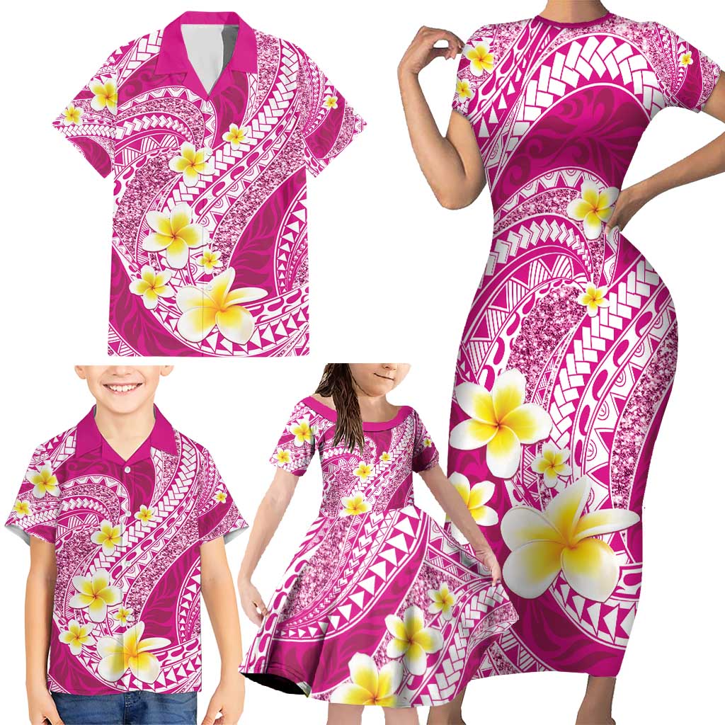 Plumeria Polynesian Pink Glitter Pattern Family Matching Short Sleeve Bodycon Dress and Hawaiian Shirt