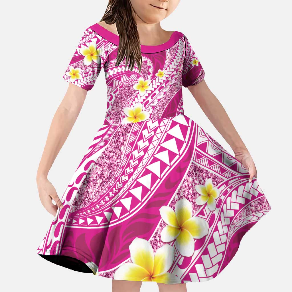 Plumeria Polynesian Pink Glitter Pattern Family Matching Summer Maxi Dress and Hawaiian Shirt LT01 Daughter's Dress Pink - Polynesian Pride
