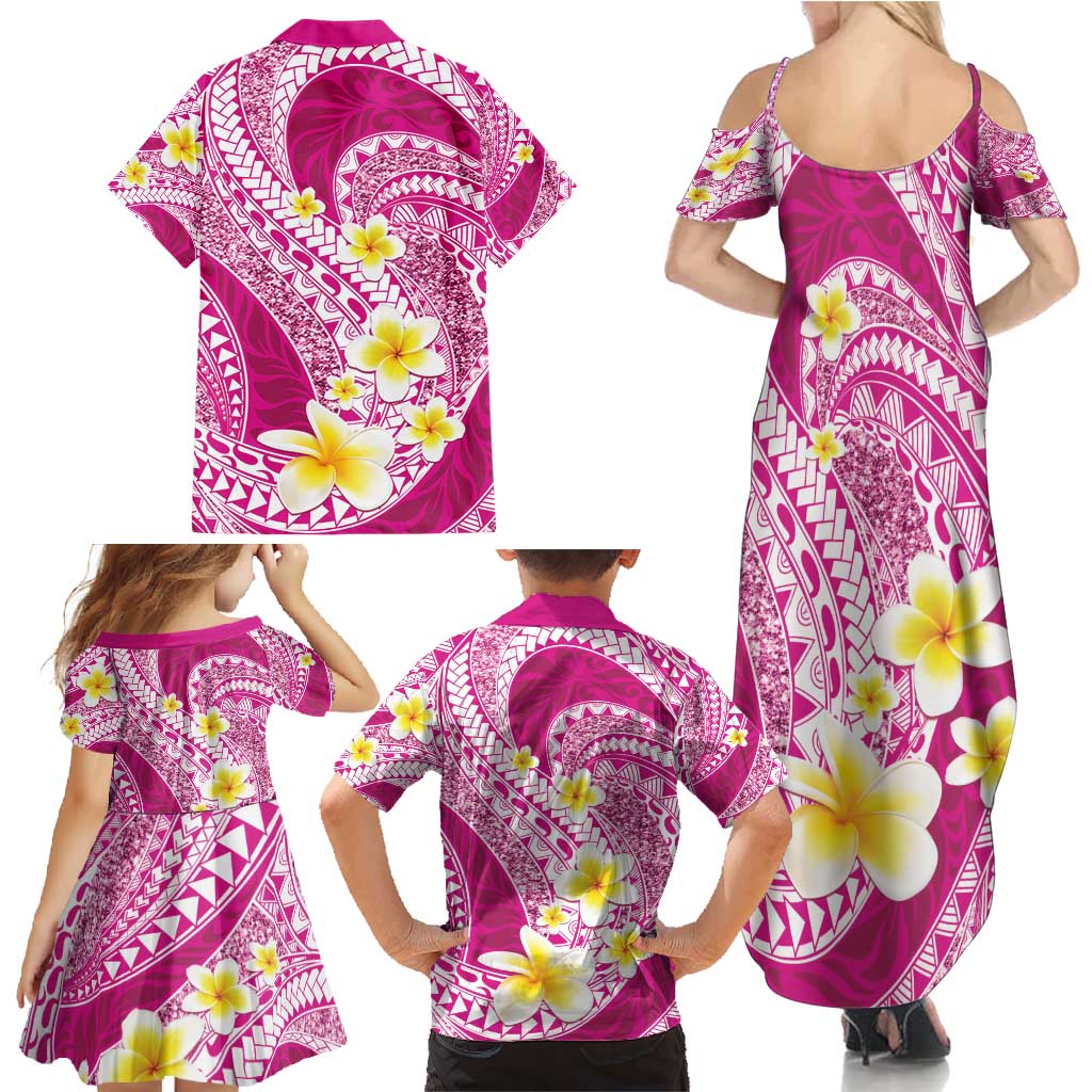 Plumeria Polynesian Pink Glitter Pattern Family Matching Summer Maxi Dress and Hawaiian Shirt LT01 - Polynesian Pride