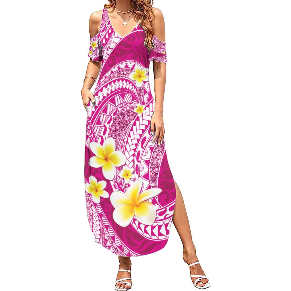 Plumeria Polynesian Pink Glitter Pattern Family Matching Summer Maxi Dress and Hawaiian Shirt LT01 Mom's Dress Pink - Polynesian Pride