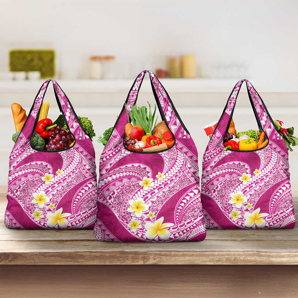 Plumeria Polynesian Pink Glitter Pattern Grocery Bag LT01 3-pack One Size Pink - Polynesian Pride