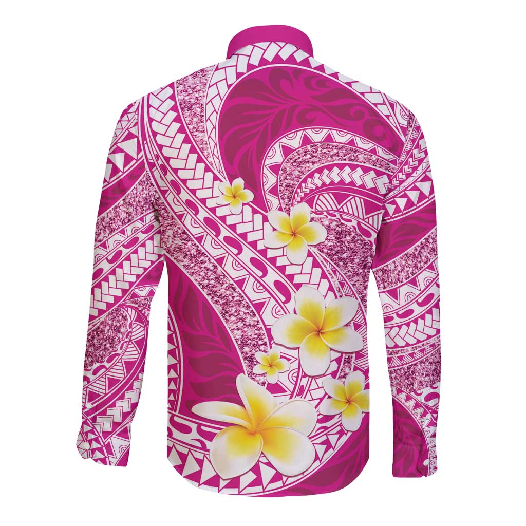 Plumeria Polynesian Pink Glitter Pattern Long Sleeve Button Shirt LT01 - Polynesian Pride