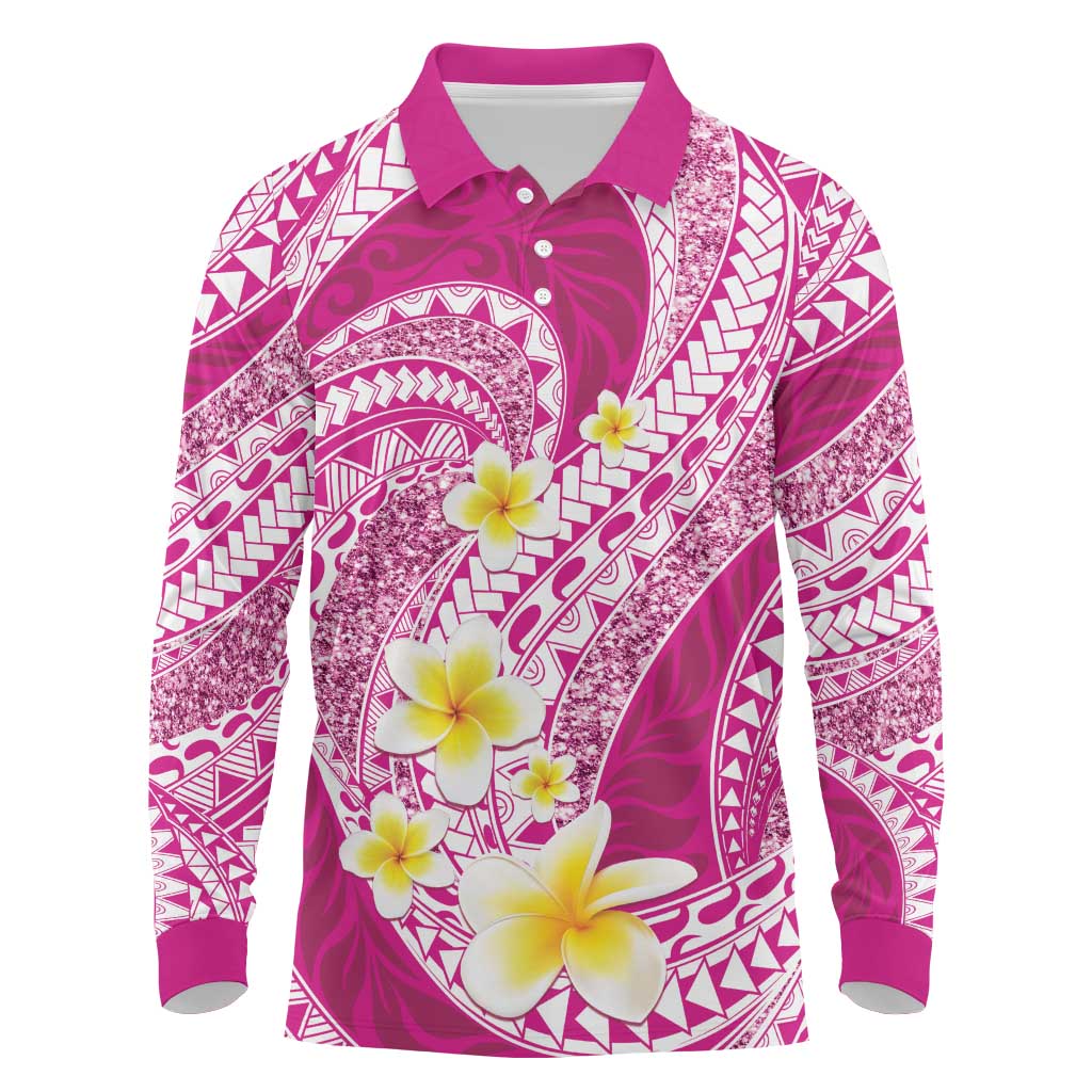 Plumeria Polynesian Pink Glitter Pattern Long Sleeve Polo Shirt