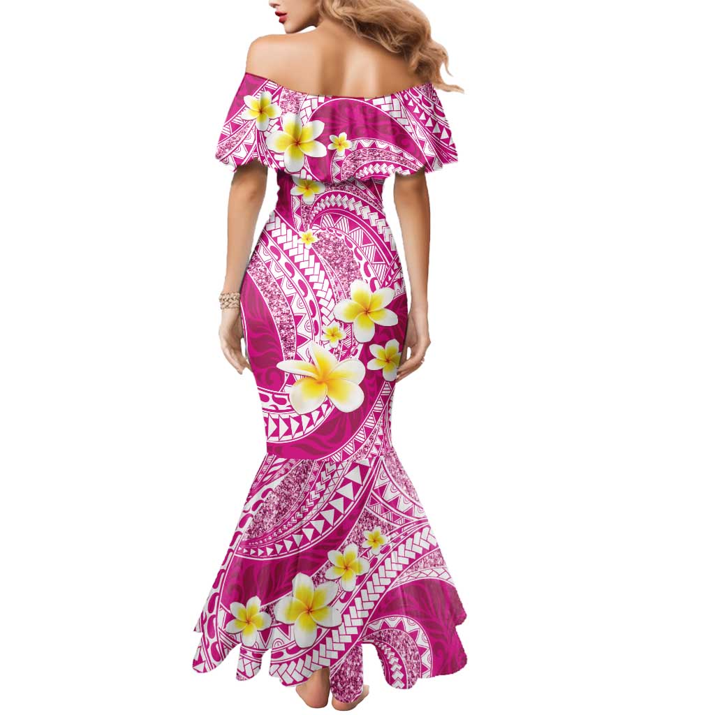 Plumeria Polynesian Pink Glitter Pattern Mermaid Dress