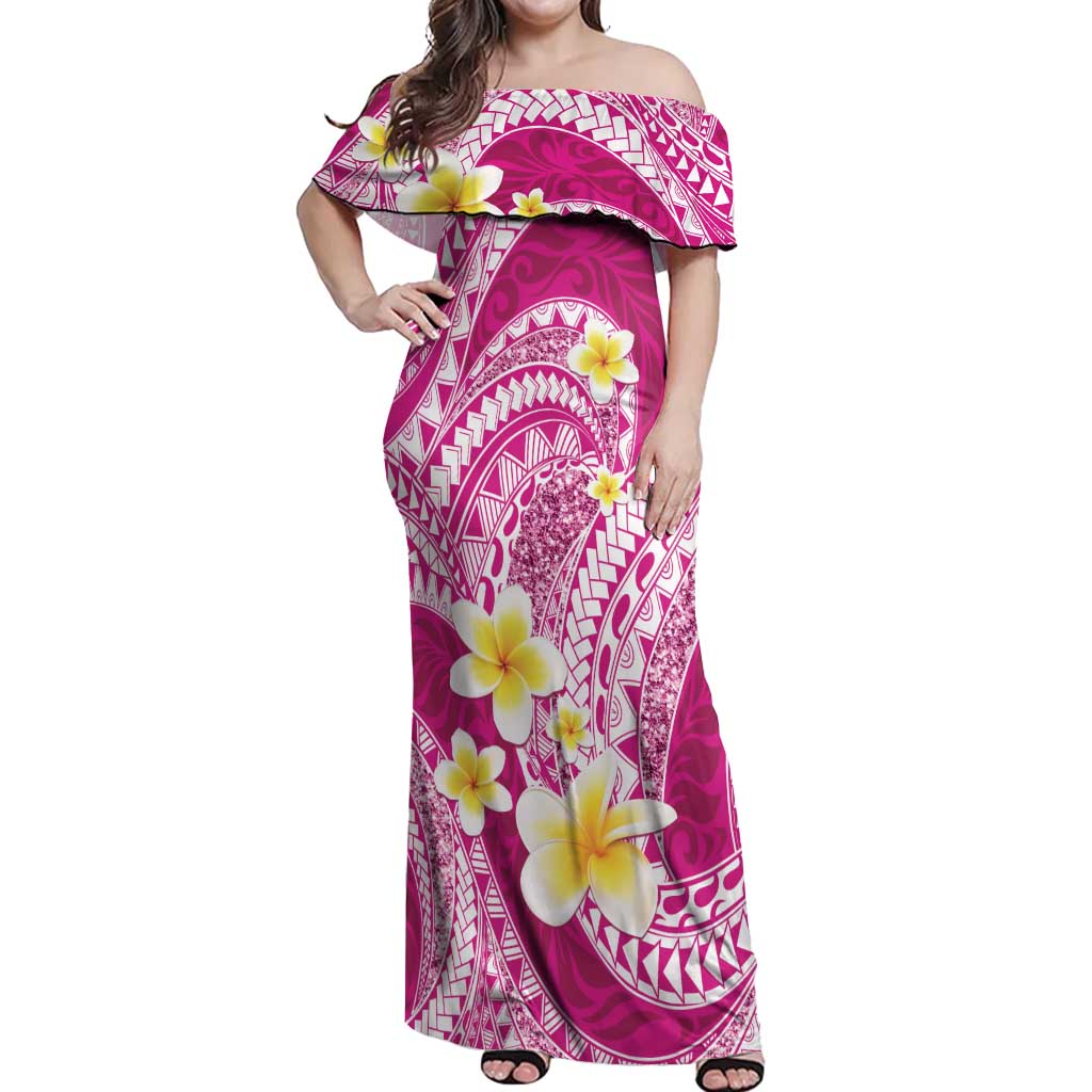 Plumeria Polynesian Pink Glitter Pattern Off Shoulder Maxi Dress LT01 Women Pink - Polynesian Pride
